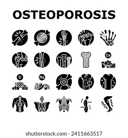 osteoporosis bone pain calcium icons set vector. health anatomy, spine doctor, knee woman, arthritis density, hip femur, structure osteoporosis bone pain calcium glyph pictogram Illustrations