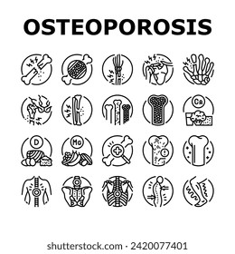 osteoporosis bone pain calcium icons set vector. health anatomy, spine doctor, knee woman, arthritis density, hip femur, structure osteoporosis bone pain calcium black contour illustrations