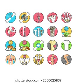 Osteoporosis Dolor óseo Iconos de calcio Vector de conjunto Anatomía de la salud, Médico de columna vertebral, Mujer de rodilla, Artritis Densidad, Fémur de cadera, Estructura Osteoporosis Dolor óseo Calcio Color Línea Ilustraciones