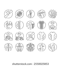 Osteoporosis Dolor óseo Iconos de calcio Vector de conjunto Anatomía de la salud, Médico de columna vertebral, Mujer de rodilla, Artritis Densidad, Fémur de cadera, Estructura Osteoporosis Dolor óseo Calcio Contorno negro Ilustraciones