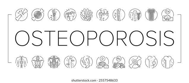 osteoporosis bone pain calcium icons set vector. health anatomy, spine doctor, knee woman, arthritis density, hip femur, structure osteoporosis bone pain calcium black contour illustrations