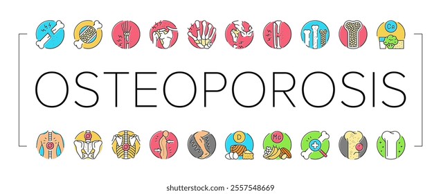 osteoporosis bone pain calcium icons set vector. health anatomy, spine doctor, knee woman, arthritis density, hip femur, structure osteoporosis bone pain calcium color line illustrations