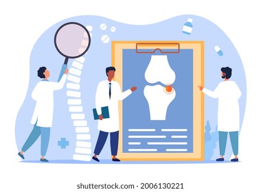 Concepto de osteoporosis. Los médicos examinan la columna vertebral y otros huesos del paciente. Diagnóstico de enfermedades óseas y propósito del tratamiento. Dibujo vectorial plano de dibujos animados aislado en un fondo blanco