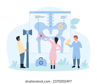 Osteoporosis, diagnosis, treatment and rehabilitation in rheumatology vector illustration. Cartoon tiny people study human hip joint on medical anatomy chart, orthopedist holding bone calcium puzzle