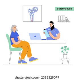 Osteoporosis disease concept. Systemic skeletal disorder, loss of bone mineral density. Increased risk of hip fracture in older women. Morbidity and mortality in the elderly, flat vector illustration