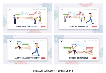 Osteoporosis Landing Page Template Set. Tiny Male Female Characters with Bones Disease Symptoms near Huge Bone Cross Section View with Normal and Porous Structure. Cartoon People Vector Illustration