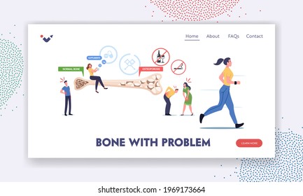 Osteoporosis Landing Page Template. Tiny Male and Female Characters with Bones Disease Symptoms near Huge Bone Cross Section View with Normal and Porous Structure. Cartoon People Vector Illustration