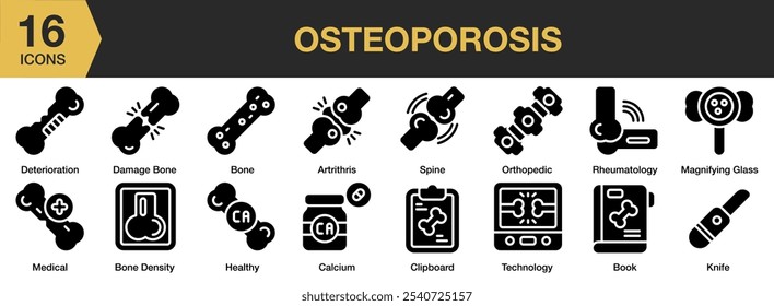 Conjunto de ícones sólidos de osteoporose. Inclui densidade óssea, livro, cálcio, área de transferência, osso dano e muito mais. Coleção vetorial de ícones sólidos.