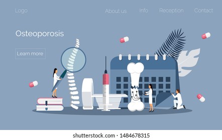 Osteoporosis world day concept, osteoarthritis anatomical vector. Tiny doctors research bones of human. Joint pain, fragility of lower leg are shown. It is for landing page, app, banner.