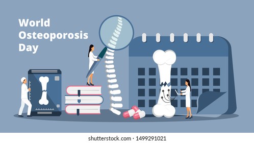 Osteoporosis world day concept, osteoarthritis anatomical vector. Tiny doctors research bones of human. Joint pain, fragility of lower leg are shown. It is for landing page, app, banner.