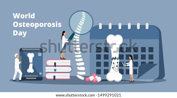骨粗しょう症の世界の日のコンセプト変形性解剖学的ベクター画像 小さな医者が人間の骨 を研究する 関節の痛み 下腿の脆弱性が示されている ランディング ページ アプリ バナー用です のベクター画像素材 ロイヤリティフリー