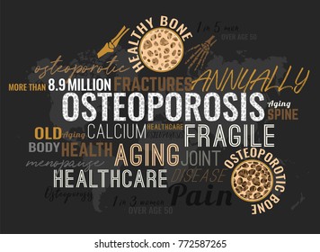  Osteoporosis in the world. Healthcare, medicine and early prevention concept. Landscape poster. Vector illustration with beautiful typography in bronze, grey and white colors.