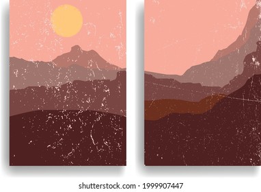 oster with mountain landscape  and sunset in boho style  .Minimal design with grunge elements . Trendy brochure . Vector illustration .