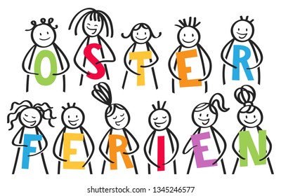 OSTERFERIEN, German for Easter holidays, group of stick people holding colorful letters, isolated on white background