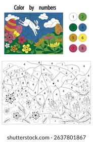 Ostern. Color by numbers. Education game for smart kids and children in a Easter time. Rabbit, Bunny, flowers and shocolate eggs
