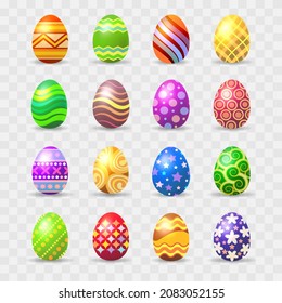 Juego de huevos de Ostern. Diferente colección de dibujos animados de huevos de Pascua, triángulo punteado osterns easters símbolos primavera, brillantes y realistas ilustraciones vectoriales lindas de huevo lindo