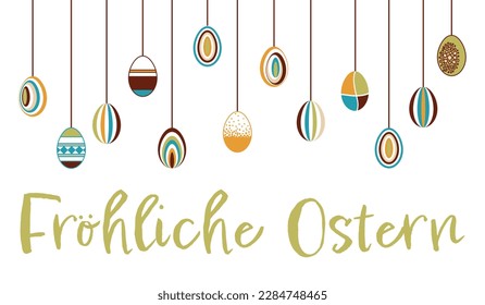 Fröhliche Ostern - German text - Happy Easter. Greeting card with hanging colorful Easter eggs in retro style.