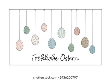 Fröhliche Ostern - text in German language - Happy Easter. Greeting card with patterned Easter eggs in pastel colors.