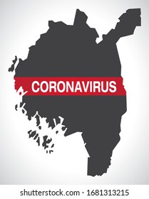 Ostfold NORWAY county map with Coronavirus warning illustration