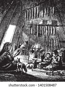 Ostiak Family are a tribe who inhabit the basin of the Ob in western Siberia belonging to the Finno Ugric group, vintage line drawing or engraving illustration.