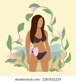 Ostomy bag. Young woman in bikini on the beach.