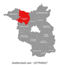 Ostprignitz-Ruppin county red highlighted in map of Brandenburg Germany