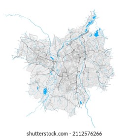 Ostrava, Czechia high resolution vector map with city boundaries and editable paths. White outlines for main roads. Many detailed paths. Blue shapes and lines for water.