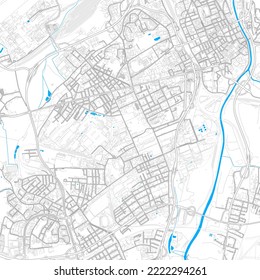 Ostrava, Czechia high resolution vector map with editable paths. Bright outlines for main roads. Use it for any printed and digital background. Blue shapes and lines for water.