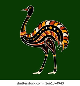 Ostrich. Aboriginal art style. Flat design. Vector color illustration isolated on green background.