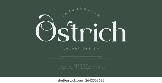Ostrich Abstract elegant font, vintage type or luxury premium typeface, vector English royal alphabet. Classic typography in modern or old art style, serif letters for modern or retro poster font
