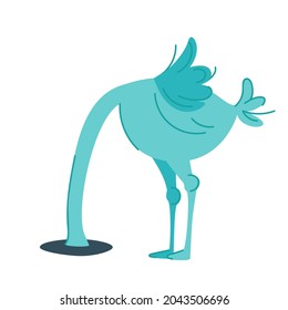 The ostrich buries its head in the sand, oblivious to the problems. A bird without a head, hides its head in the ground. A funny bird in horror and despair. Isolated vector illustration on white backg