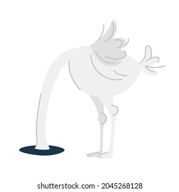 The ostrich buries its head in the sand, oblivious to the problems. A bird without a head, hides its head in the ground. A funny bird in horror and despair. Isolated vector illustration on white backg