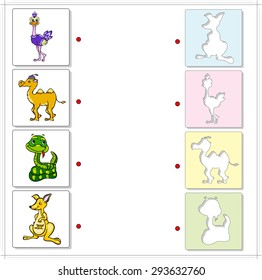 Ostrich, camel, snake and kangaroo. Educational game for kids. Choose the correct silhouettes on the opposite side and connect the points