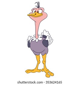 Ostrich. Cartoon character isolated on white background. Colorful design for kids activity book, coloring page, colouring picture. Vector illustration for children.
