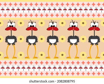 ostrich cartoon character seamless pattern on orange background