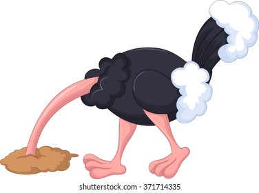 ostrich cartoon has buried a head in sand