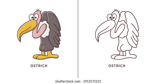 Ostrich Cartoon Vector Illustration. Savanna Bird Kids Coloring Images Animal. Kids Drawing Bird Symbol Icon Character