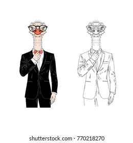 ostrich dressed up in tuxedo, anthropomorphic animal illustration
