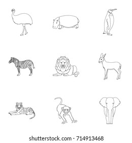 Ostrich emu, crocodile, giraffe, tiger, penguin and other wild animals. Artiodactyla, mammalian predators and animals set collection icons in outline style vector symbol stock illustration web.