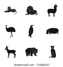 Ostrich emu, crocodile, giraffe, tiger, penguin and other wild animals. Artiodactyla, mammalian predators and animals set collection icons in black style vector symbol stock illustration web.