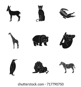 Ostrich emu, crocodile, giraffe, tiger, penguin and other wild animals. Artiodactyla, mammalian predators and animals set collection icons in black style vector symbol stock illustration web.