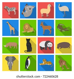 Ostrich emu, crocodile, giraffe, tiger, penguin and other wild animals. Artiodactyla, mammalian predators and animals set collection icons in flat style vector symbol stock illustration web.