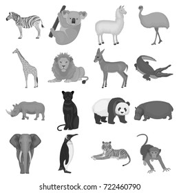 Ostrich emu, crocodile, giraffe, tiger, penguin and other wild animals. Artiodactyla, mammalian predators and animals set collection icons in monochrome style vector symbol stock illustration web.