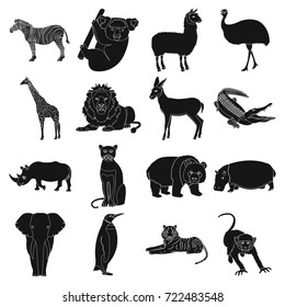 Ostrich emu, crocodile, giraffe, tiger, penguin and other wild animals. Artiodactyla, mammalian predators and animals set collection icons in black style vector symbol stock illustration web.