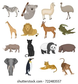 Ostrich emu, crocodile, giraffe, tiger, penguin and other wild animals. Artiodactyla, mammalian predators and animals set collection icons in cartoon style vector symbol stock illustration web.