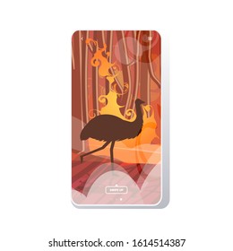 ostrich or emu running from forest fires in australia animals dying in wildfire bushfire burning trees natural disaster concept intense orange flames smartphone screen mobile app vector illustration