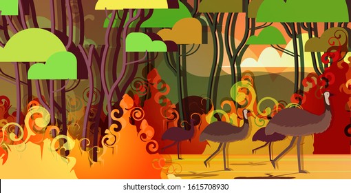 ostrich or emu running from forest fires in australia animals dying in wildfire bushfire burning trees natural disaster concept intense orange flames horizontal vector illustration