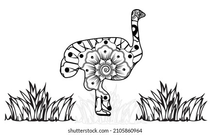 Ostrich in fantasy flower garden. Animals. Hand drawn doodle. Ethnic patterned illustration. African, indian, totem tatoo design. Sketch for avatar, tattoo, poster, print or t-shirt.