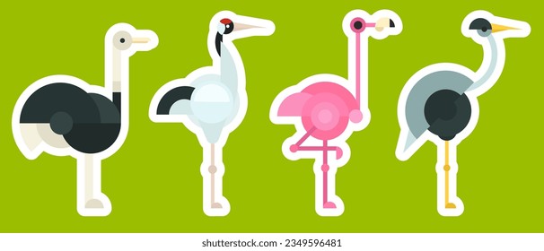 Ostrich, flamingo, heron, crane. Set bright geometric sticker, patch or badge with birds in minimal mosaic fashion style. Collection simple retro design elements. Vintage vector illustration.