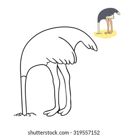 The ostrich has buried a head in sand. coloring book , a vector on a white background